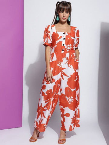 Women's Orange Square Neck Floral Printed Jumpsuit VitansEthnics