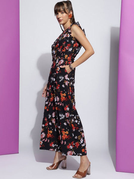Women's Black Floral Printed Round Neck Sleeveless Jumpsuit VitansEthnics