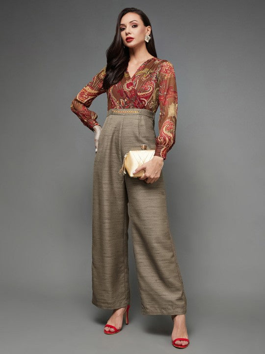 Women Maroon self design V-neck Jumpsuit VitansEthnics