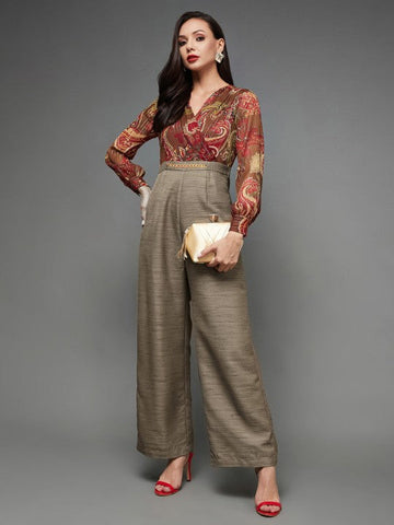 Women Maroon self design V-neck Jumpsuit VitansEthnics