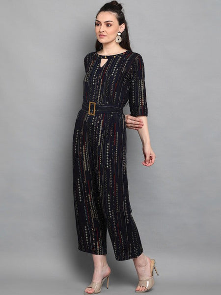 Women's Navy Blue & White Foil Printed Jumpsuit VitansEthnics