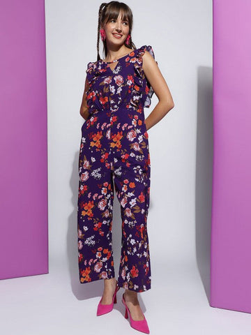 Women's Purple Floral Printed Round Neck Sleeveless Jumpsuit VitansEthnics
