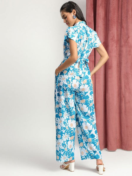 Women's Blue Collared Floral Printed Jumpsuit VitansEthnics