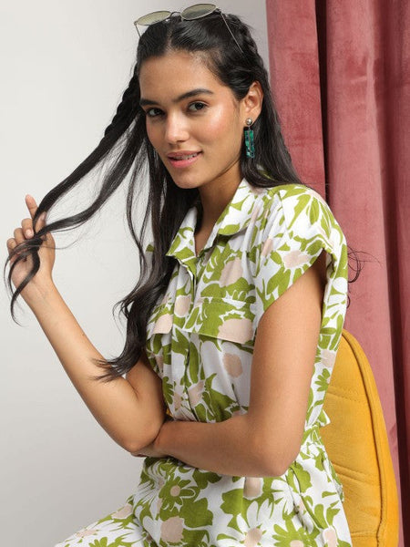 Women's Green Collared Floral Printed Jumpsuit VitansEthnics