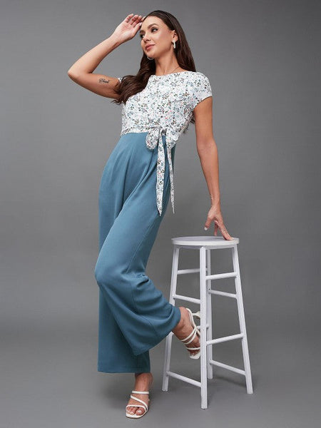 Women White & Blue Floral Print Jumpsuit VitansEthnics