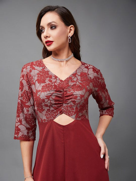 Women Maroon self design Indo Western V-neck Jumpsuit VitansEthnics