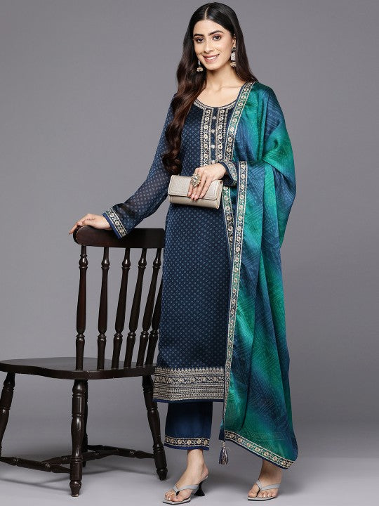 Women Blue Bandhani Printed Kurta with Trousers & With Dupatta Set