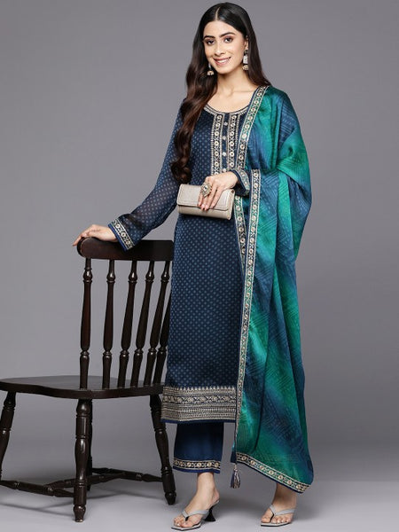 Women Blue Bandhani Printed Kurta with Trousers & With Dupatta Set