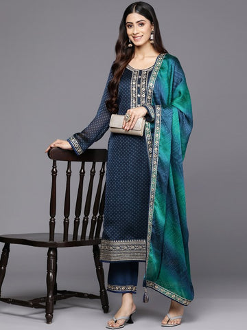 Women Blue Bandhani Printed Kurta with Trousers & With Dupatta Set