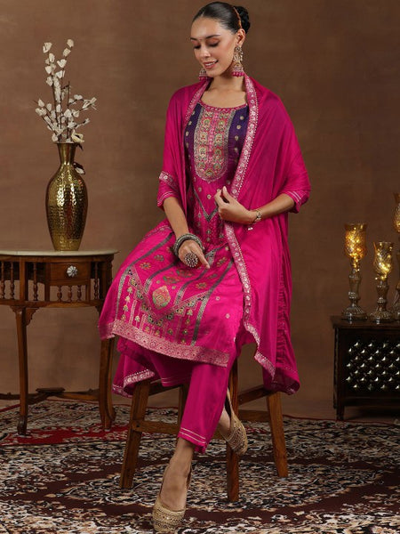 Floral Woven Design Round Neck Kurta with Trousers & Dupatta Set