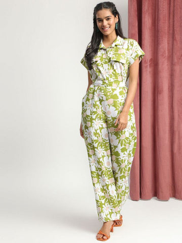 Women's Green Collared Floral Printed Jumpsuit VitansEthnics