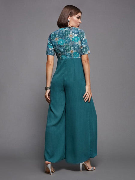 Women's V-Neck Printed Flared Leg Fusion Jumpsuit VitansEthnics