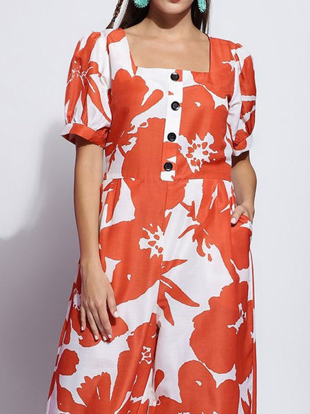 Women's Orange Square Neck Floral Printed Jumpsuit VitansEthnics