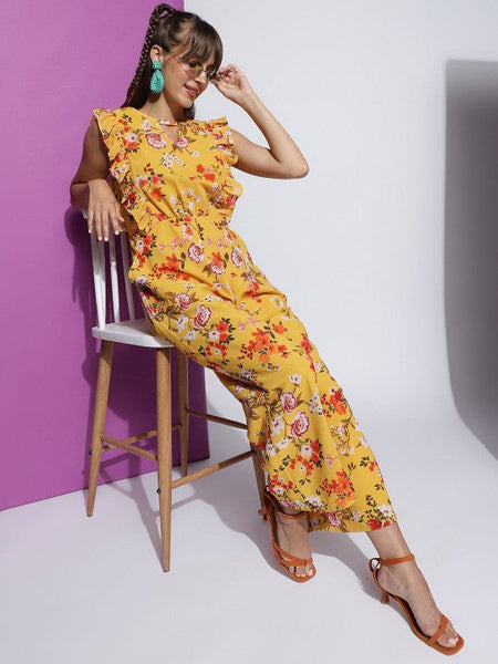 Women's Yellow Floral Printed Round Neck Sleeveless Jumpsuit VitansEthnics