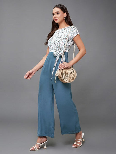 Women White & Blue Floral Print Jumpsuit VitansEthnics