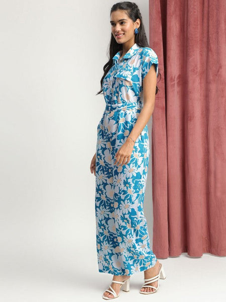 Women's Blue Collared Floral Printed Jumpsuit VitansEthnics