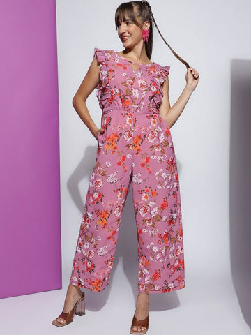 Women's Pink Floral Printed Round Neck Sleeveless Jumpsuit VitansEthnics
