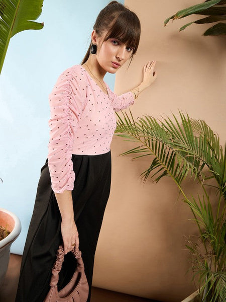 Women's Peach-Coloured and Black Colourblocked Smocked Jumpsuit VitansEthnics