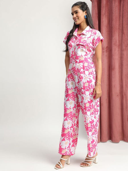 Women's Pink Collared Floral Printed Jumpsuit VitansEthnics
