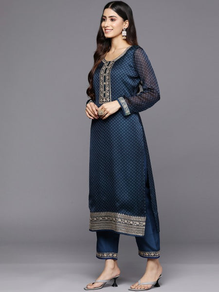 Women Blue Bandhani Printed Kurta with Trousers & With Dupatta Set