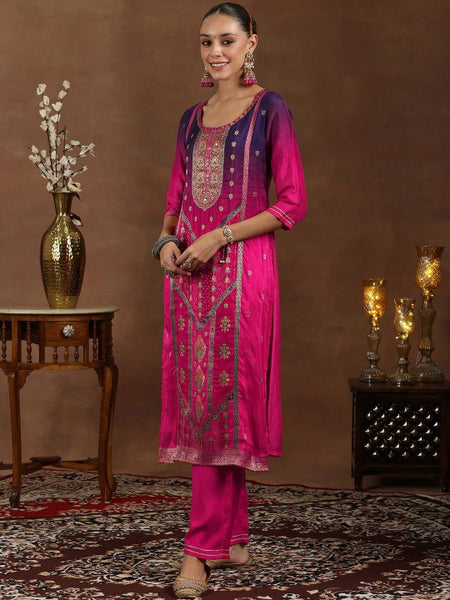 Floral Woven Design Round Neck Kurta with Trousers & Dupatta Set
