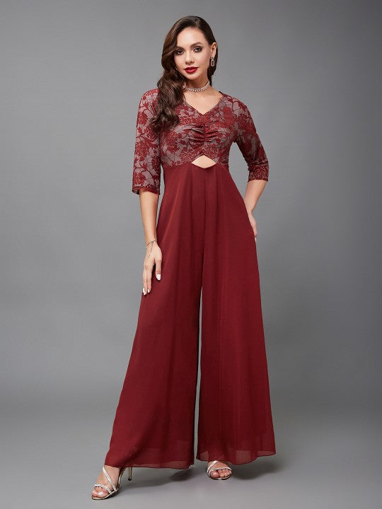 Women Maroon self design Indo Western V-neck Jumpsuit VitansEthnics