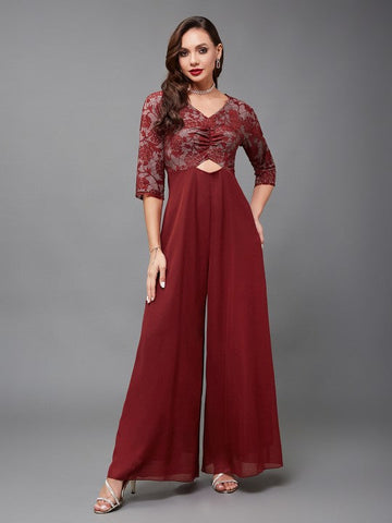 Women Maroon self design Indo Western V-neck Jumpsuit VitansEthnics