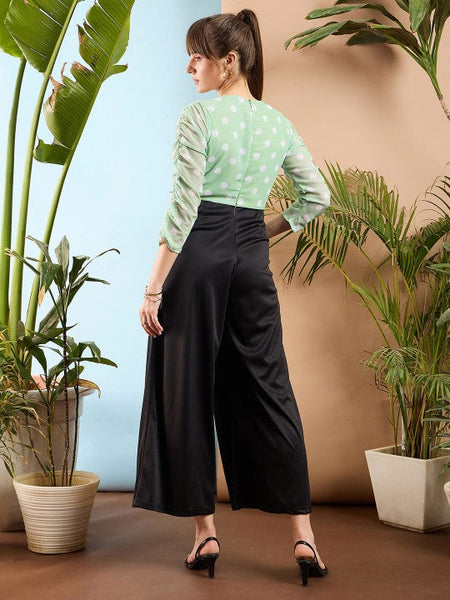 Women's Sea Green and Black Colourblocked Smocked Jumpsuit VitansEthnics