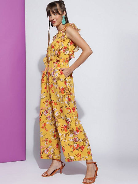 Women's Yellow Floral Printed Round Neck Sleeveless Jumpsuit VitansEthnics