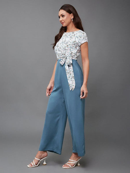 Women White & Blue Floral Print Jumpsuit VitansEthnics