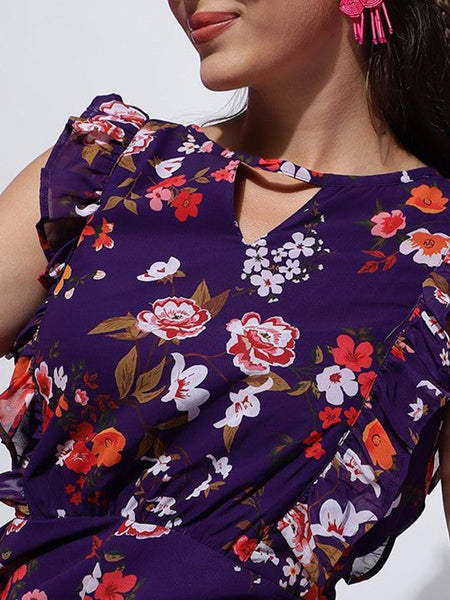 Women's Purple Floral Printed Round Neck Sleeveless Jumpsuit VitansEthnics