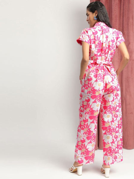 Women's Pink Collared Floral Printed Jumpsuit VitansEthnics