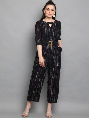 Women's Navy Blue & White Foil Printed Jumpsuit VitansEthnics