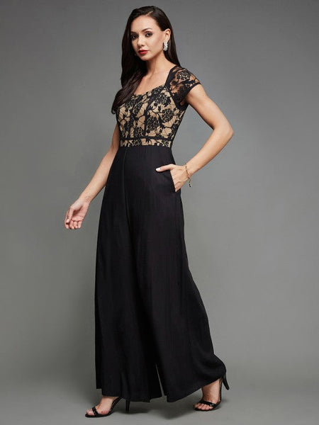 Women Black self design Indo Western V-neck Jumpsuit VitansEthnics