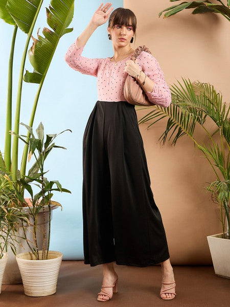 Women's Peach-Coloured and Black Colourblocked Smocked Jumpsuit VitansEthnics