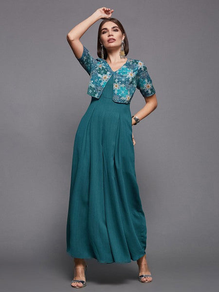Women's V-Neck Printed Flared Leg Fusion Jumpsuit VitansEthnics