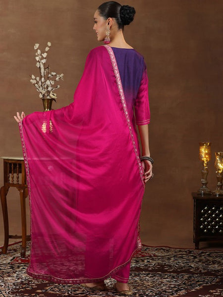 Floral Woven Design Round Neck Kurta with Trousers & Dupatta Set