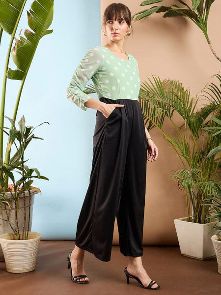 Women's Sea Green and Black Colourblocked Smocked Jumpsuit VitansEthnics