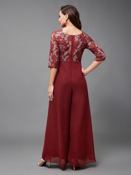 Women Maroon self design Indo Western V-neck Jumpsuit VitansEthnics