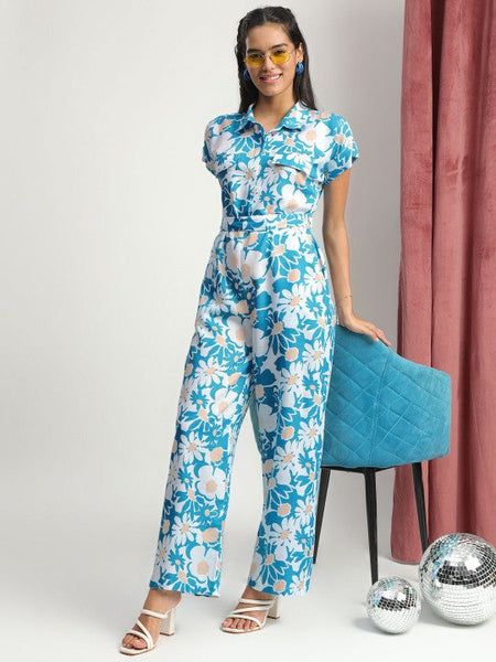 Women's Blue Collared Floral Printed Jumpsuit VitansEthnics