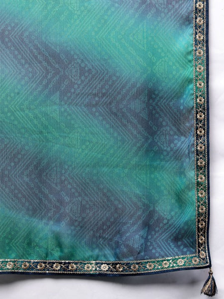 Women Blue Bandhani Printed Kurta with Trousers & With Dupatta Set