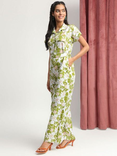 Women's Green Collared Floral Printed Jumpsuit VitansEthnics