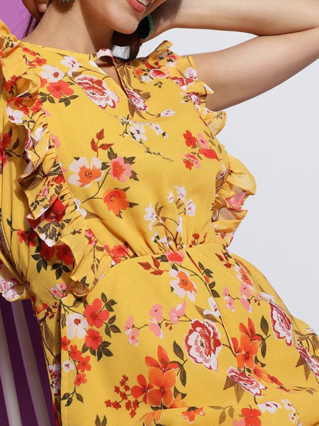 Women's Yellow Floral Printed Round Neck Sleeveless Jumpsuit VitansEthnics