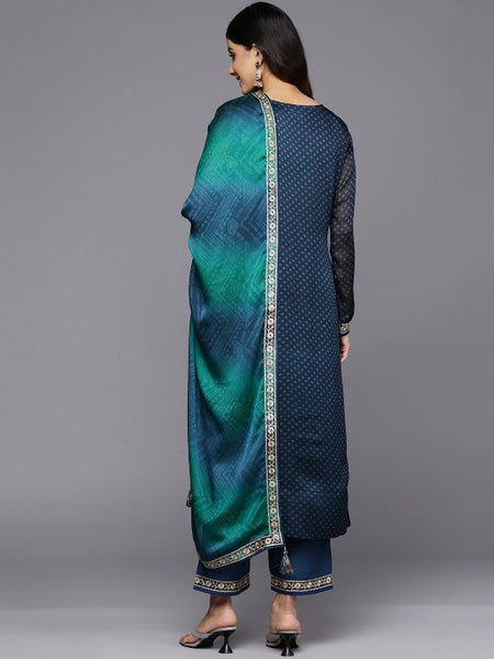 Women Blue Bandhani Printed Kurta with Trousers & With Dupatta Set
