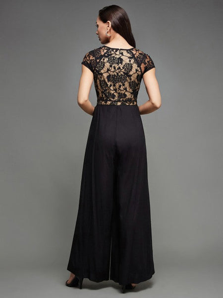 Women Black self design Indo Western V-neck Jumpsuit VitansEthnics