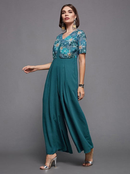 Women's V-Neck Printed Flared Leg Fusion Jumpsuit VitansEthnics