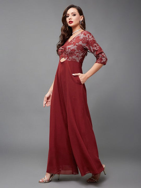 Women Maroon self design Indo Western V-neck Jumpsuit VitansEthnics