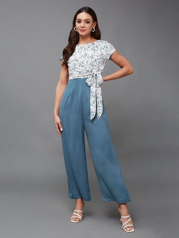 Women White & Blue Floral Print Jumpsuit VitansEthnics