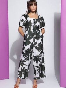 Women's Green Square Neck Floral Printed Jumpsuit VitansEthnics