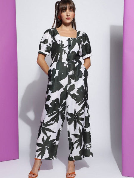 Women's Green Square Neck Floral Printed Jumpsuit VitansEthnics